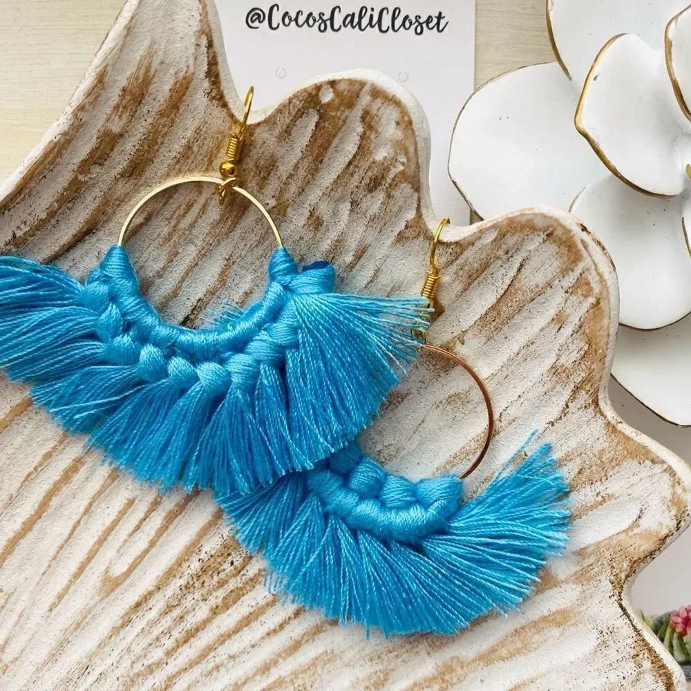 Boho Macrame Tassel Drop Hoop Earrings NWT